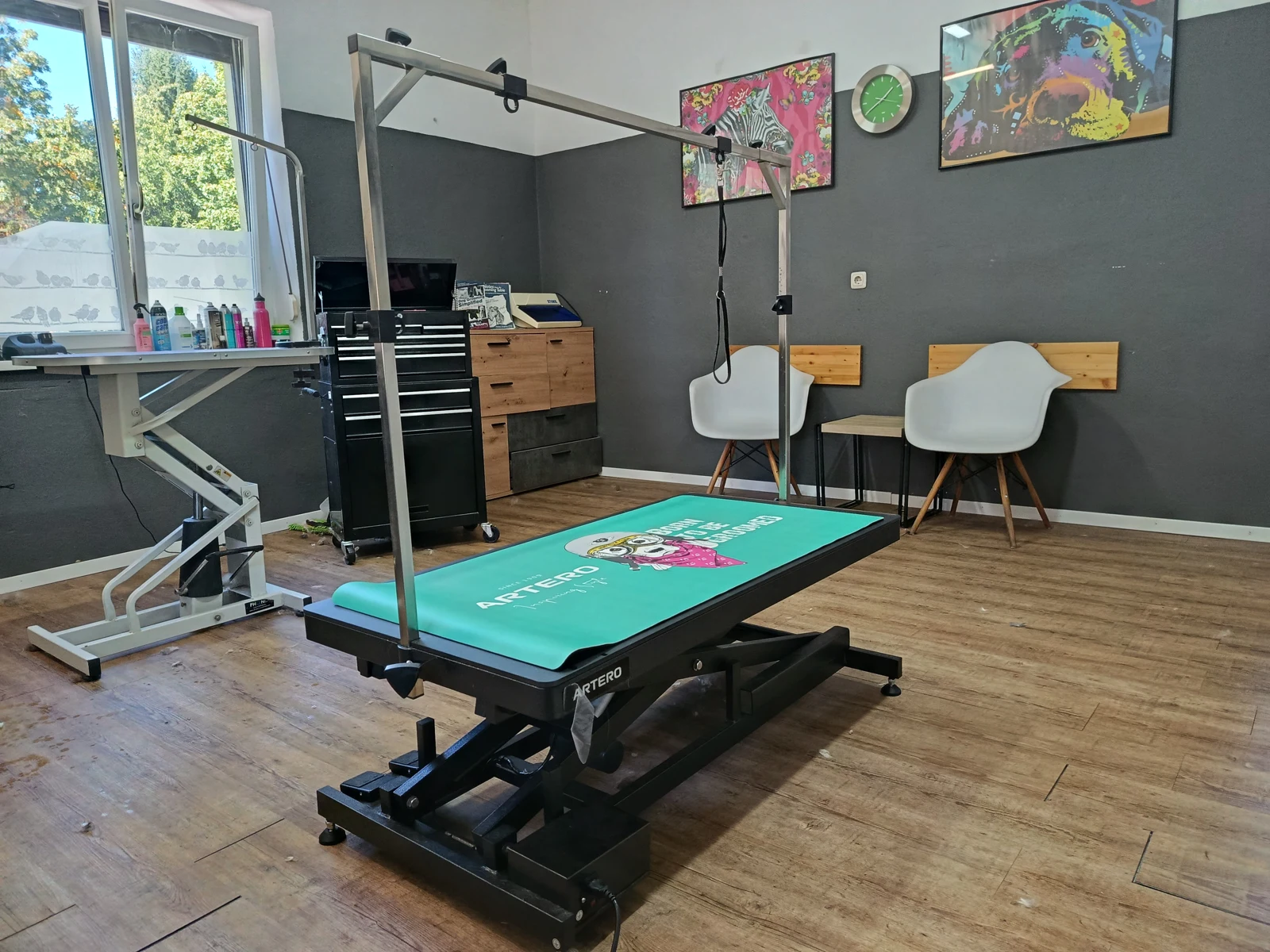 Blick in den Salon mit türkisem Pflegetisch und bunten Graffiti-Bildern an den Wänden